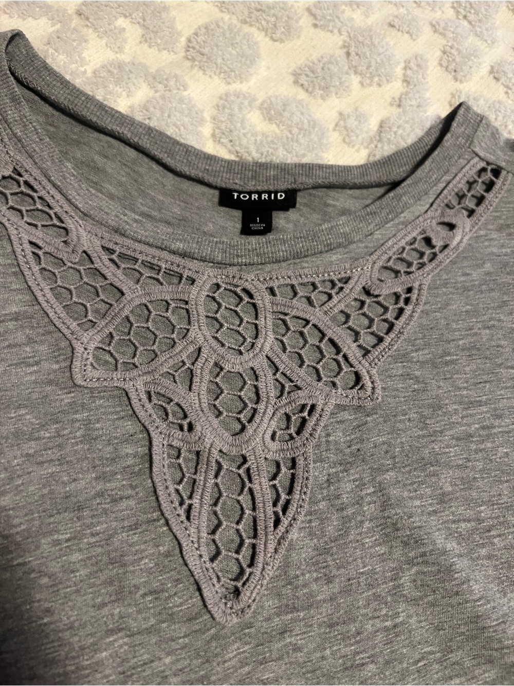 torrid Gray Short Sleeve Tee with Crochet V-Neck Detail - Picture 2 of 5
